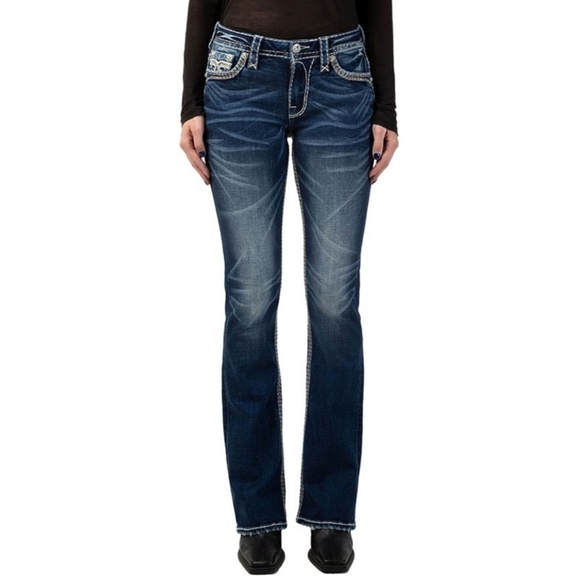 Rock Revival Easy Skinny Chile Blue Jeans Overstitched  Luxury Slip Pocket Chic - Picture 12 of 16